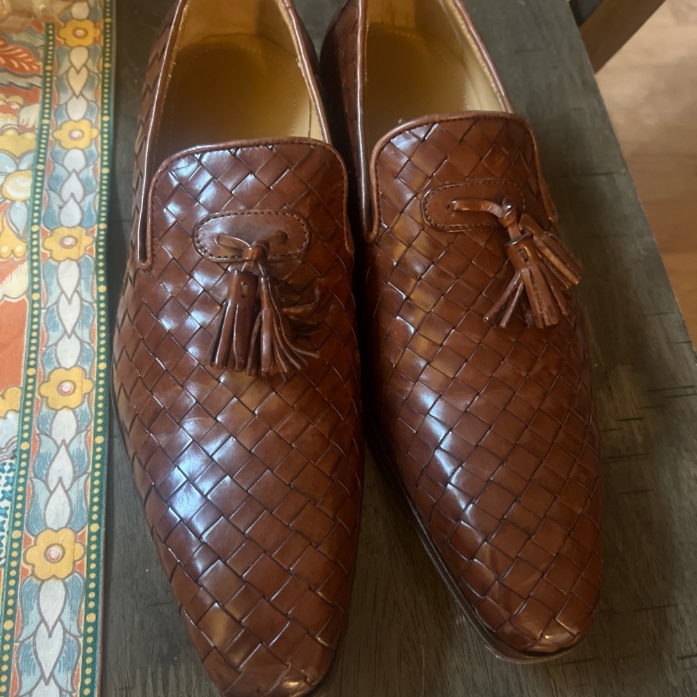 Men Brown Woven Leather Loafers with Tassels size 8 1/2 - Picture 10 of 16